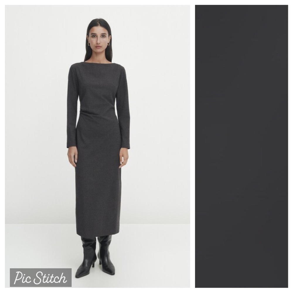 NWT. Massimo Dutti Grey Viscose Blend Gathered Detail Midi Dress. Size M.